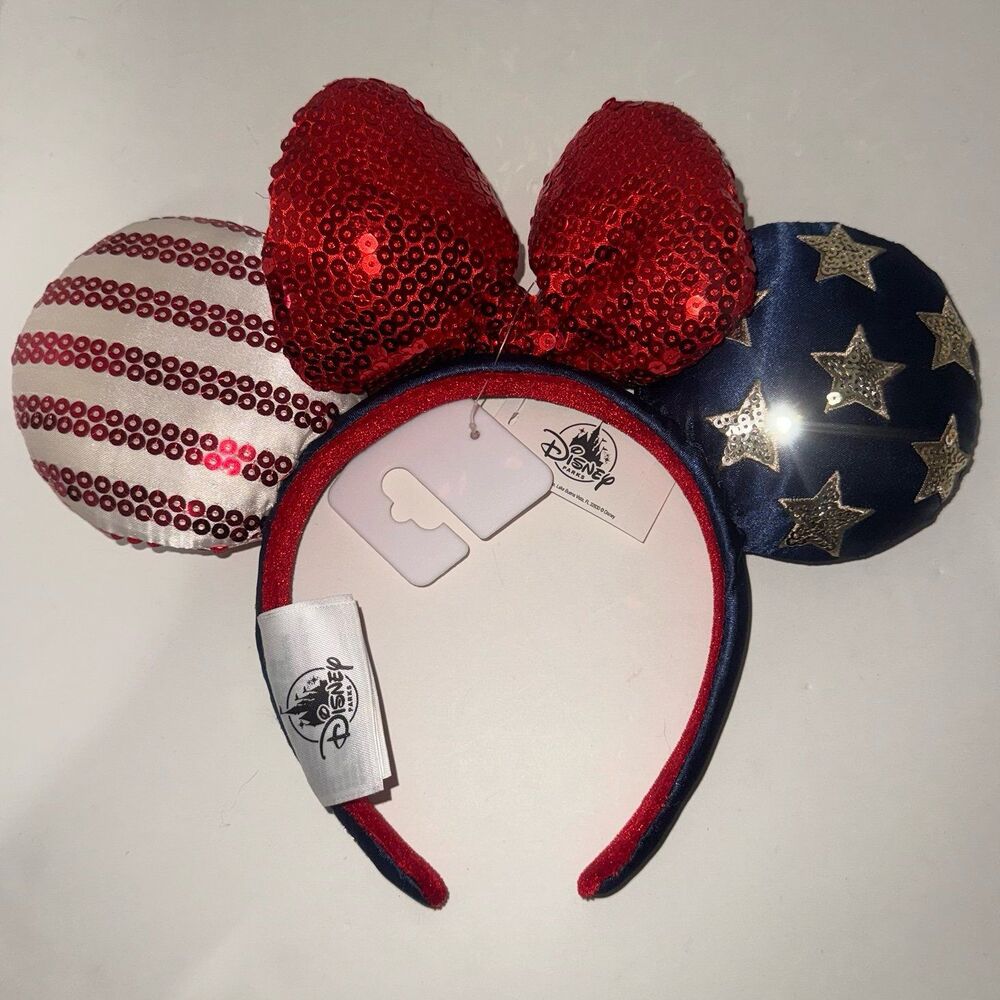 Disney Minnie Mouse Ears Headband USA Flag Red Sequin "Land That I Love" NWT